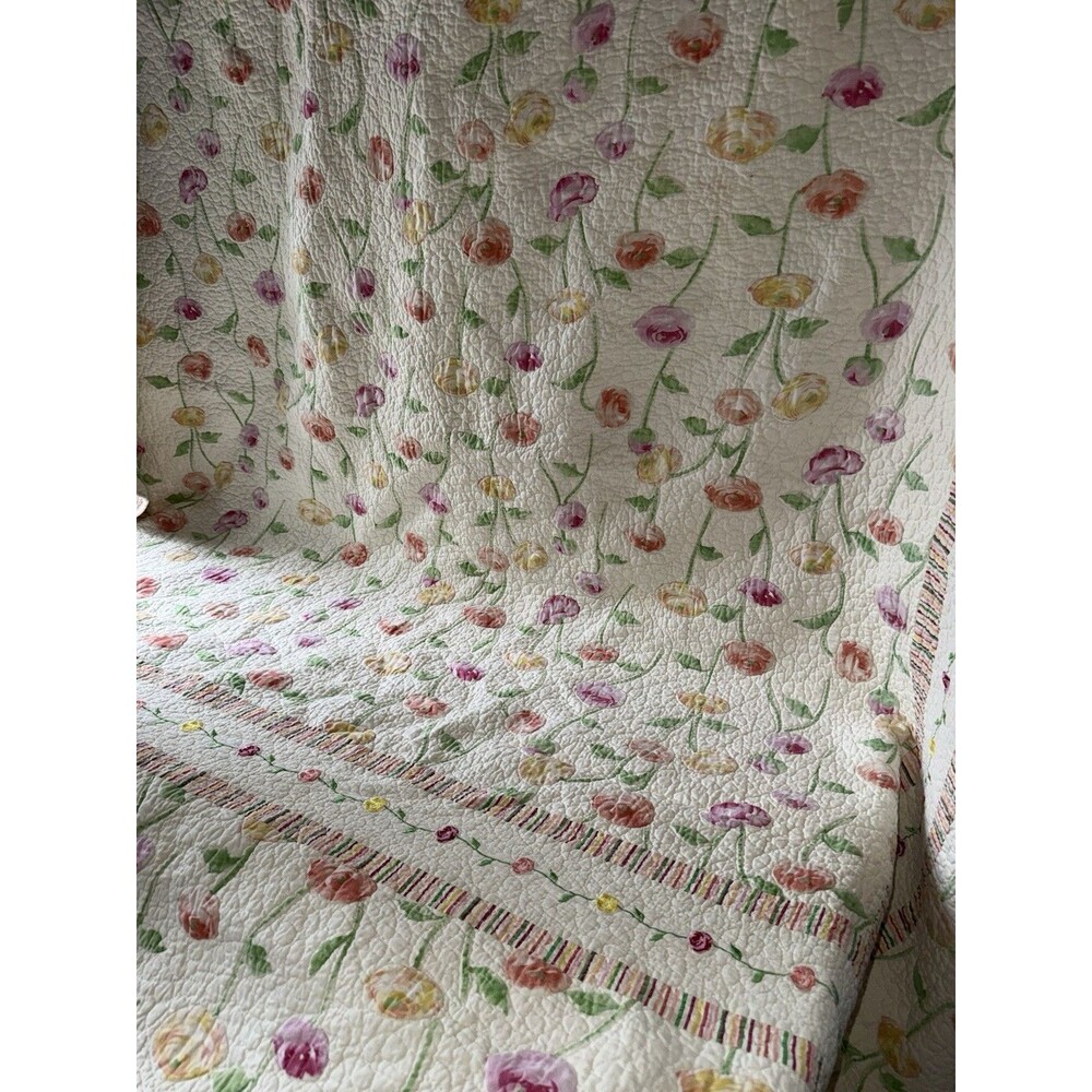 Donna Sharp Queen Size Roses Quilt 96x80” Reversible To Stripe 2 Shams
